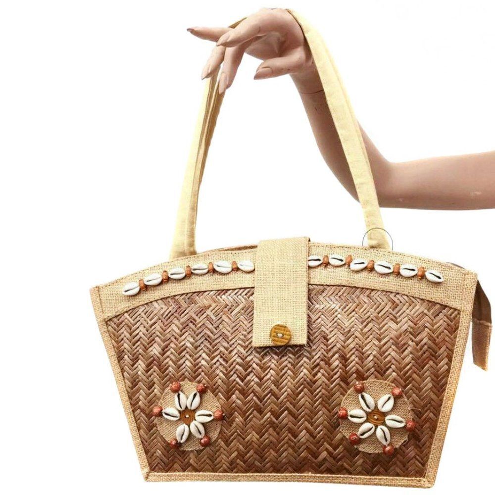 Vintage 1970s Boho Straw Purse Wicker Puka Shell Expanding Beach Bag 70s NOS